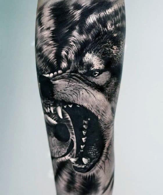 Awesome Roaring Wolf Male Forearm Sleeve Tattoo