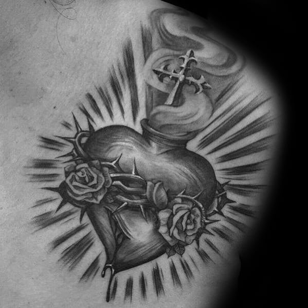 Awesome Sacred Heart Upper Chest And Shoulder Male Thorns Tattoo
