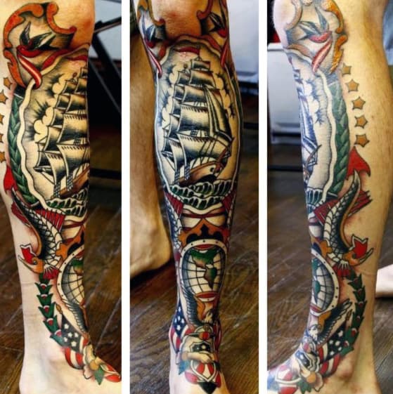 Awesome Sailing Ship Traditional Leg Tattoos For Guys