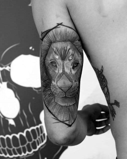 Awesome Shaded Back Of Arm Lion Tattoo For Men