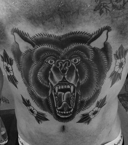 Awesome Shaded Black Male Traditional Bear Chest And Stomach Tattoo Designs