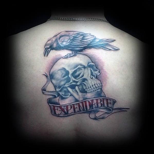 Awesome Shaded Expendables Guys Upper Back Tattoo