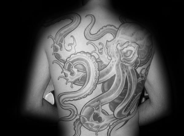 Awesome Shaded Octopus Water Waves Back Tattoos For Men