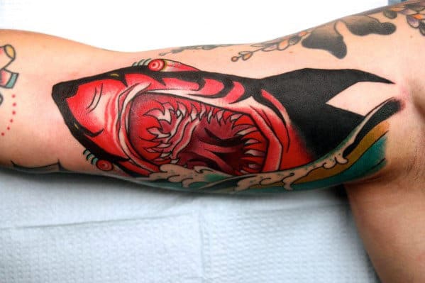 Awesome Shark Jaw Mens Masculine Traditional Inner Arm Bicep Tattoo