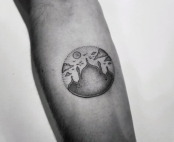 Awesome Simple Male Dotwork Temple Building Circle Forearm Tattoo