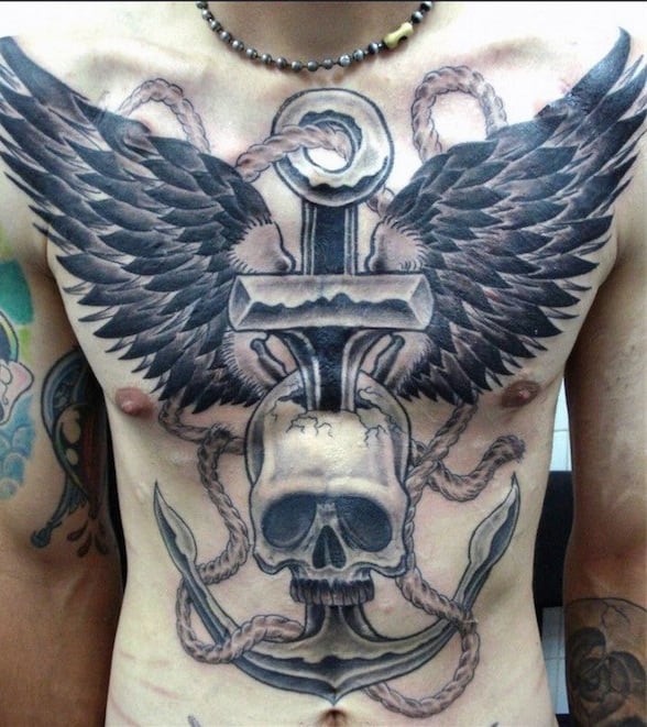 Awesome Skull Anchor Mens Chest Tattoos