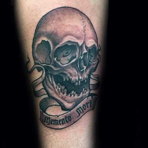 Awesome Skull Memento Mori Banner Male Inner Forearm Tattoo Inspiration