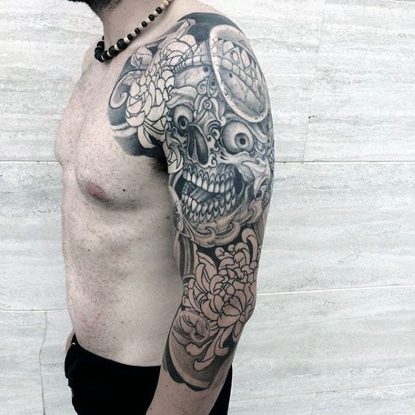 Awesome Skull With Flowers Half Sleeve Japanese Mens Tattoos