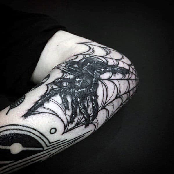 Awesome Spider Web Tattoo On Males Outer Elbow