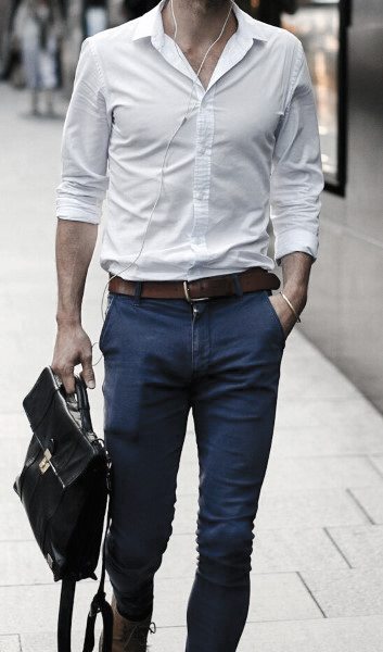 Awesome Summer Outfits Styles For Men White Dress Shirt With Navy Chinos And Brown Belt