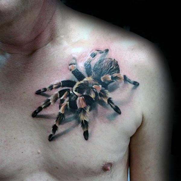 Awesome Tarantula With Shadow And Black And Orange Ink Tattoo For Guys On Upper Chest