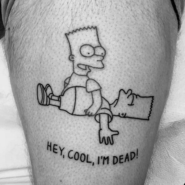 Awesome Thigh Black Ink Bart Simpson Tattoos For Men