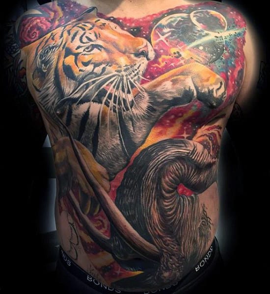 Awesome Tiger And Elephant With Sharp Tusks Tattoo Mens Full Back
