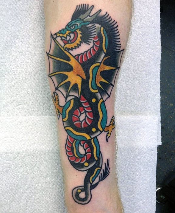 Awesome Traditional Dragon With Wings Mens Forearm Tattoo