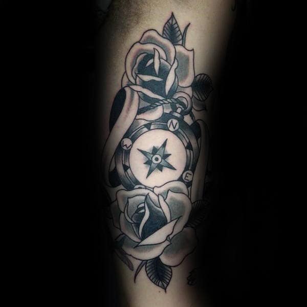 Awesome Traditional Mens Tattoo Of Compass With Rose Flowers