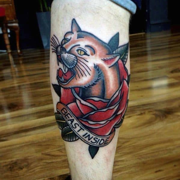 Awesome Traditional Mountain Lion With Rose Flower Leg Calf Tattoos For Men
