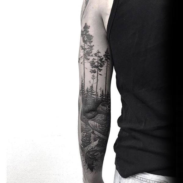 Awesome Tree Sleeve Tattoos For Guys With Black And Grey Ink