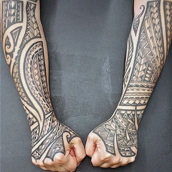 Awesome Tribal Polynesian Male Forearm Sleeve Tattoos