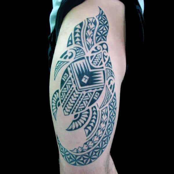Awesome Tribal Turtle Guys Thigh Tattoos
