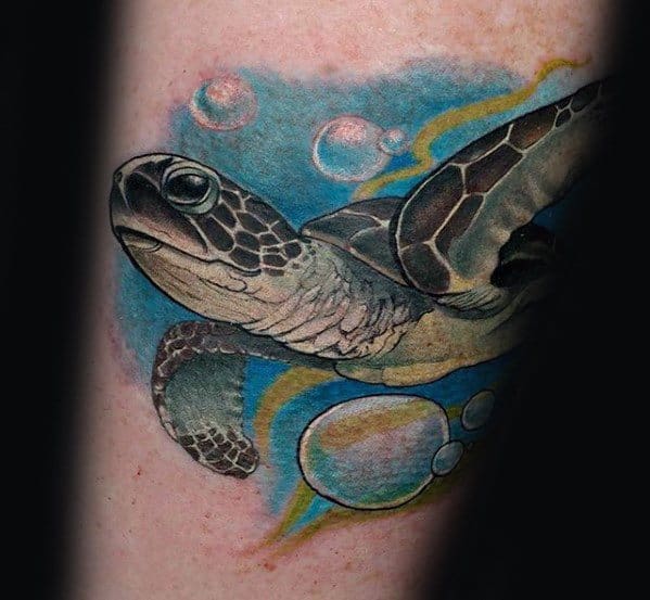 Awesome Turtle Swimming With Bubbles Tattoos For Men