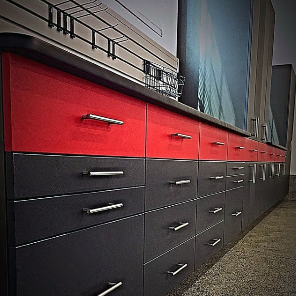 Awesome Two Tone Black And Red Color Garage Storage Cabinets