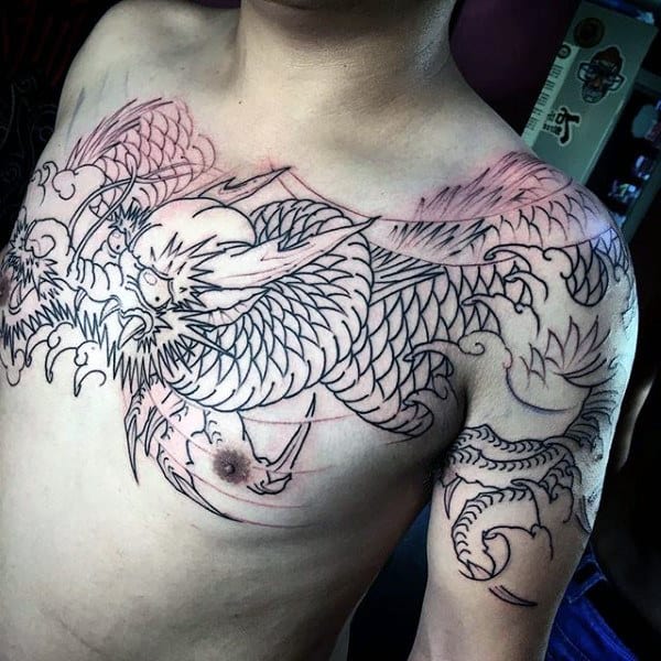 Awesome Upper Back Chinese Dragon Black Ink Outline Male Tattoos