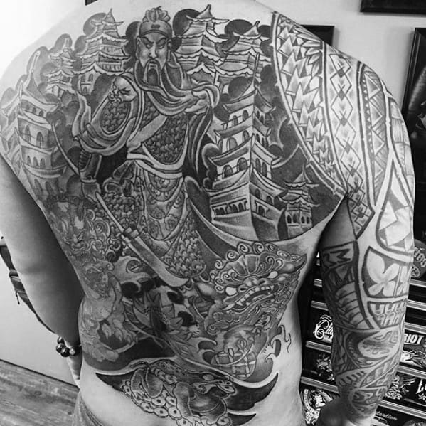 Awesome Warrior Japanese Temple Guys Full Back Tattoos