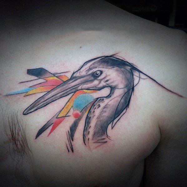 Awesome Watercolor Heron Bird Head Upper Chest Tattoos For Men