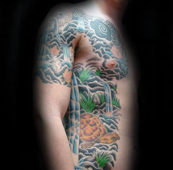 Awesome Waterfall Japanese Mens Chest And Ribs Tattoo