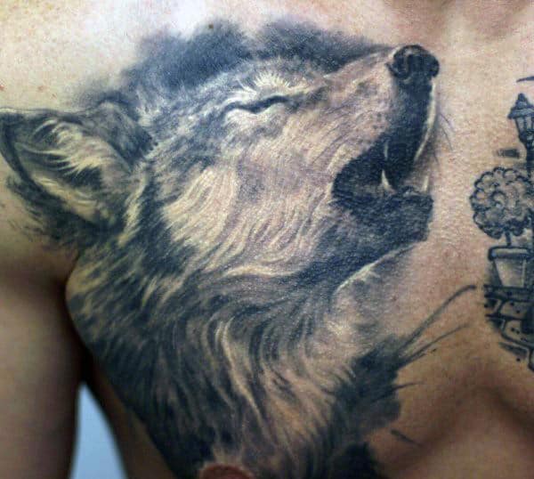 Awesome Wolf Howling Mens Upper Chest Shaded Tattoos