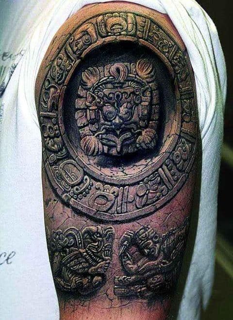 Aztec Carved Stone Mens Half Sleeve Tattoos