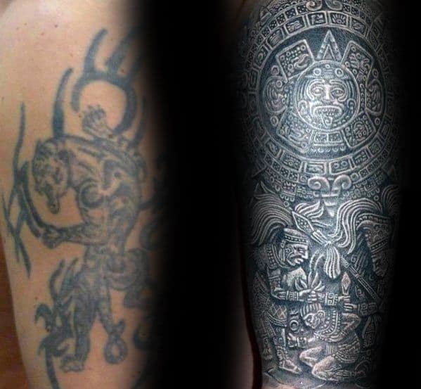 Aztec Themed Male 3d Tattoo Cover Up Sleeve Ideas