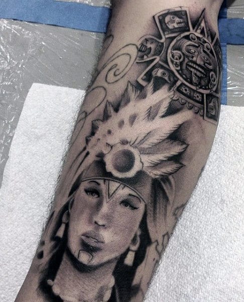Aztec Warrior Tattoo For Men On Leg Calf