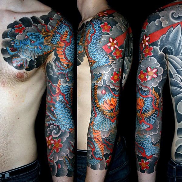 Azure Blue Dragon Tattoo Male Full Sleeves