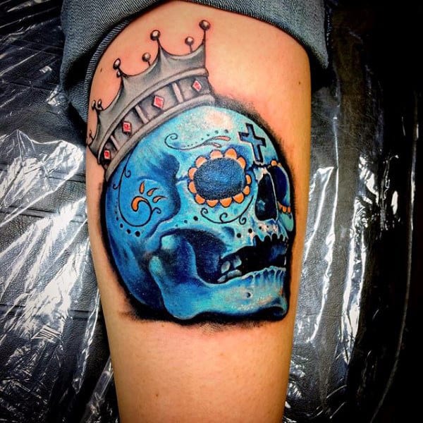 Azure Blue Skull With Crown Tattoo On Arms For Males