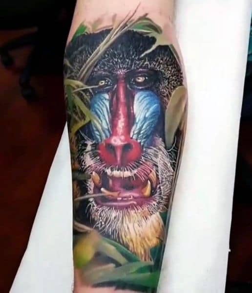 Baboon Tattoo On Man Leg Sleeve