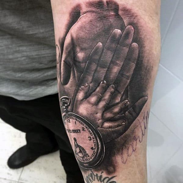 Baby Hands Over Dads With Clock Family Tattoo Mens Forearms