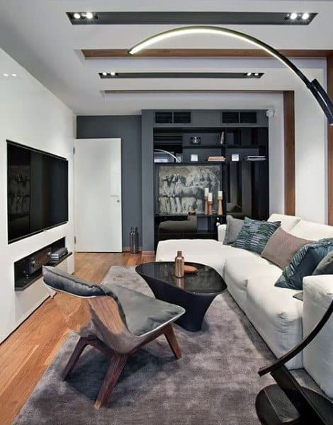 modern tv room with white sofa 