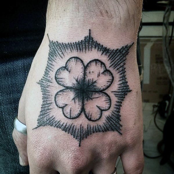 Back Ink Line Work Four Leaf Clover Hand Tattoos For Guys