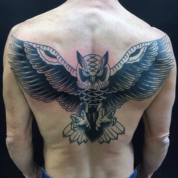 Back Male Black Ink Traditional Owl Tattoo Design Ideas