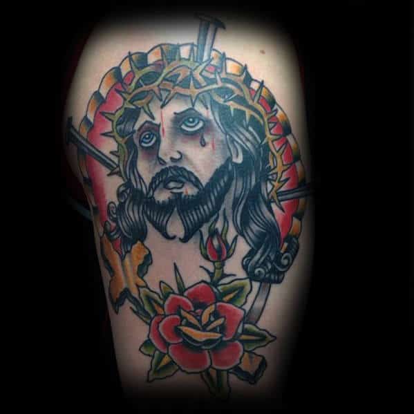 Back Male Traditional Jesus Retro Tattoo Ideas