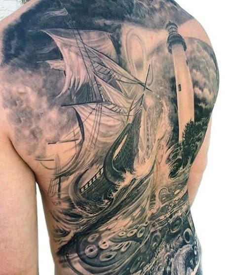 Back Mens Lighthouse Tattoo With Octopus