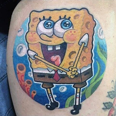 Back Mens Tattoo With Spongebob Design