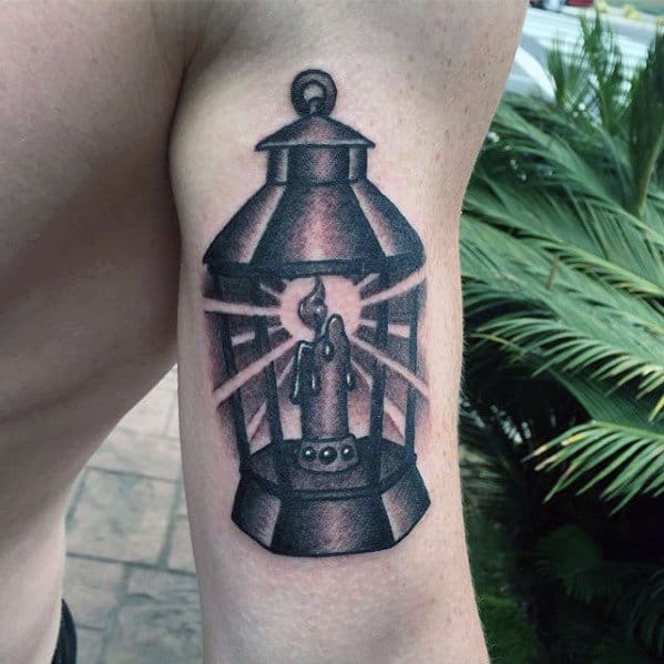 Back Of Arm Guys Shaded Candle Traditional Lantern Tattoo