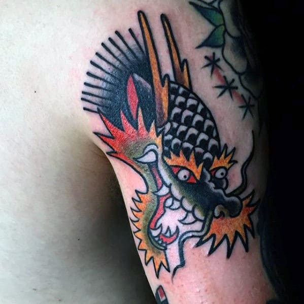 Back Of Arm Guys Traditional Dragon Head Tattoo
