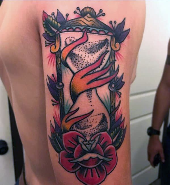 Back Of Arm Male Traditional Hourglass Rose Flower Tattoo