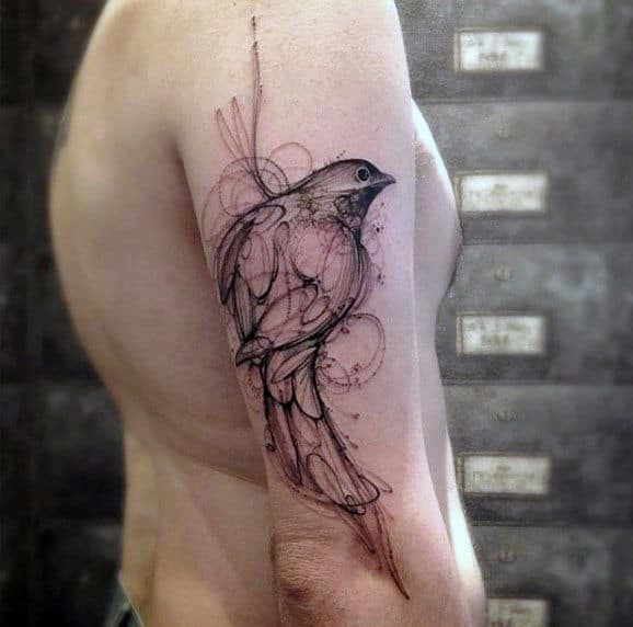 Back Of Arm Sketched Bird Tattoo For Men