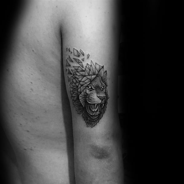 Back Of Arm Tricep Geometric Lion Tattoo Design On Man
