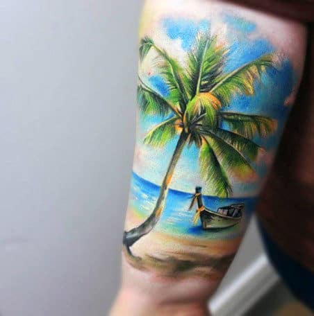 Back Of Bicep Mens Beach Paradise Tattoo Design