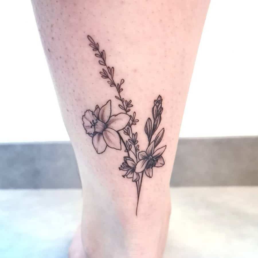 Back Of Calf Flower Arrangement Black And Gray Tattoo